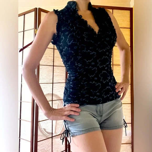 Xoxo y2k vintage black lace open front mandarin collar ruched tank top - Picture 1 of 8